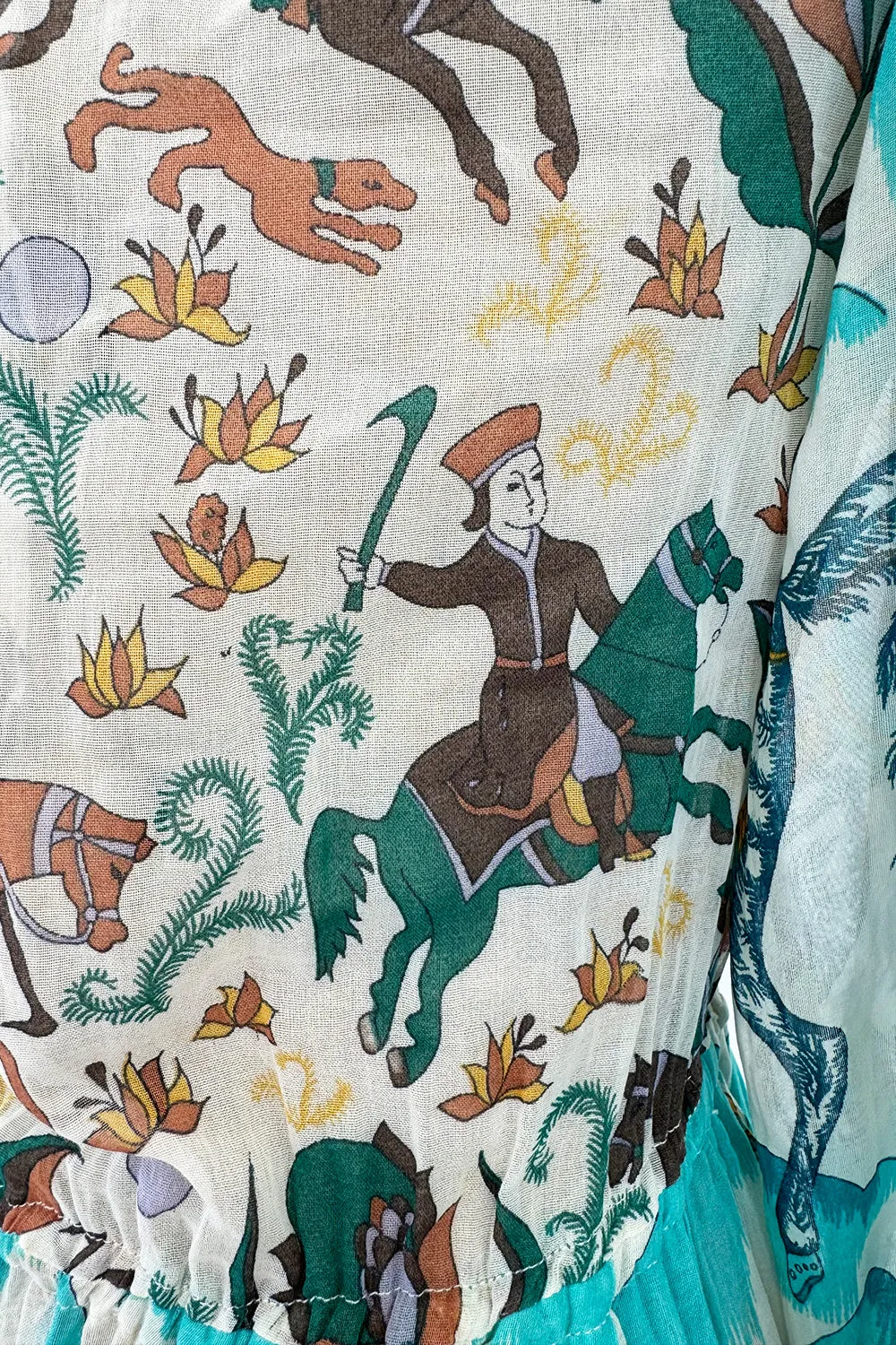 Rare 1971 Thea Porter Actual Book Piece Silk Cotton Gauze Dress w Sheila Hudson Horseman Print