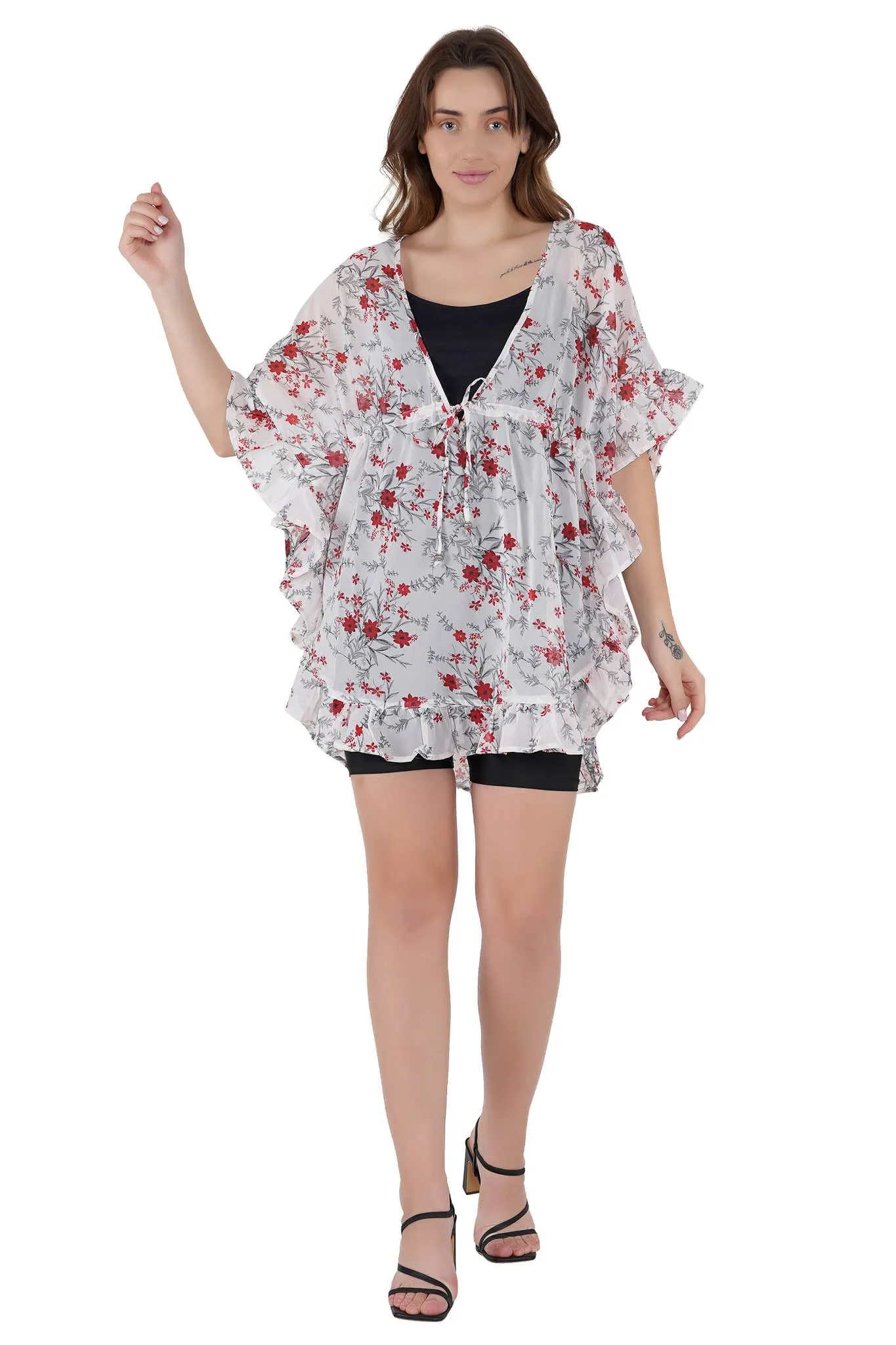 Red & White Floral Print Kaftan Swim Cover-Up Beach Dress