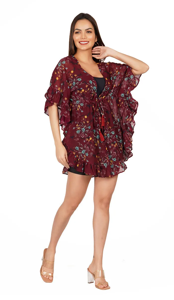 Red Floral Kaftan Style Swimsuit Cover Up Beach Dress
