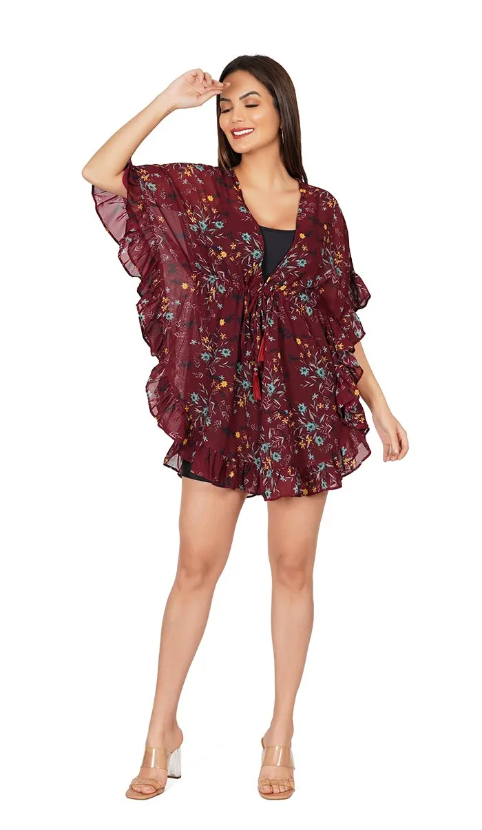 Red Floral Kaftan Style Swimsuit Cover Up Beach Dress