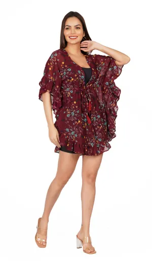 Red Floral Kaftan Style Swimsuit Cover Up Beach Dress