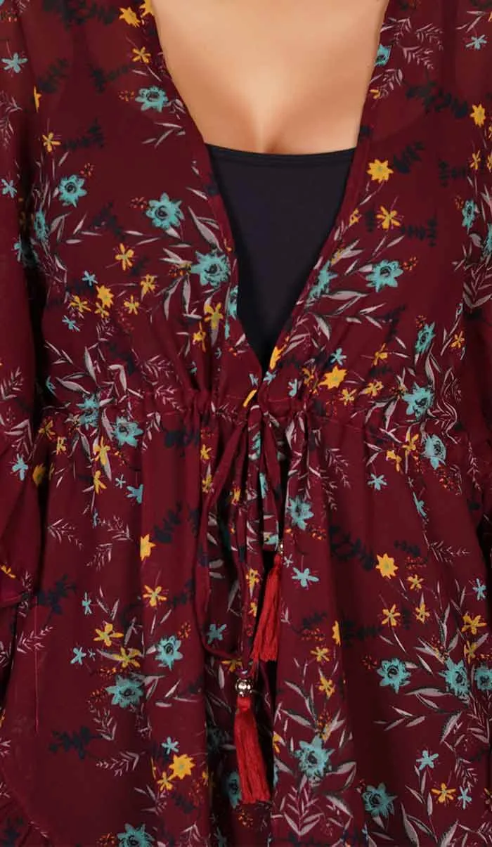 Red Floral Kaftan Style Swimsuit Cover Up Beach Dress