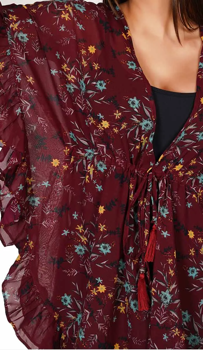 Red Floral Kaftan Style Swimsuit Cover Up Beach Dress