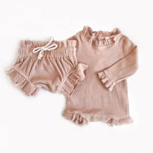 Ribbed Ruffle Romper & Shorts Set