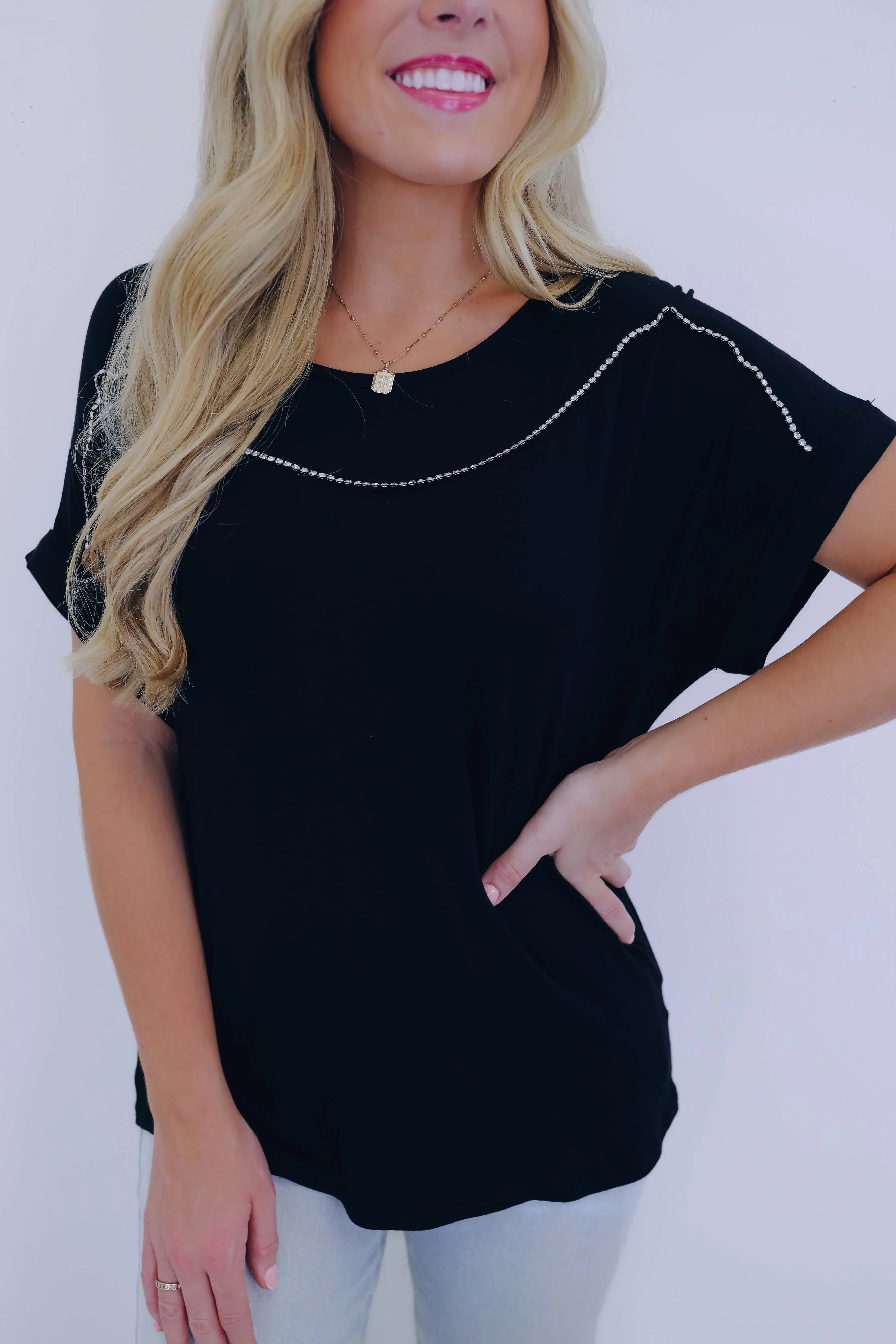 Rosalee Rhinestone Trim Top - 3 Colors