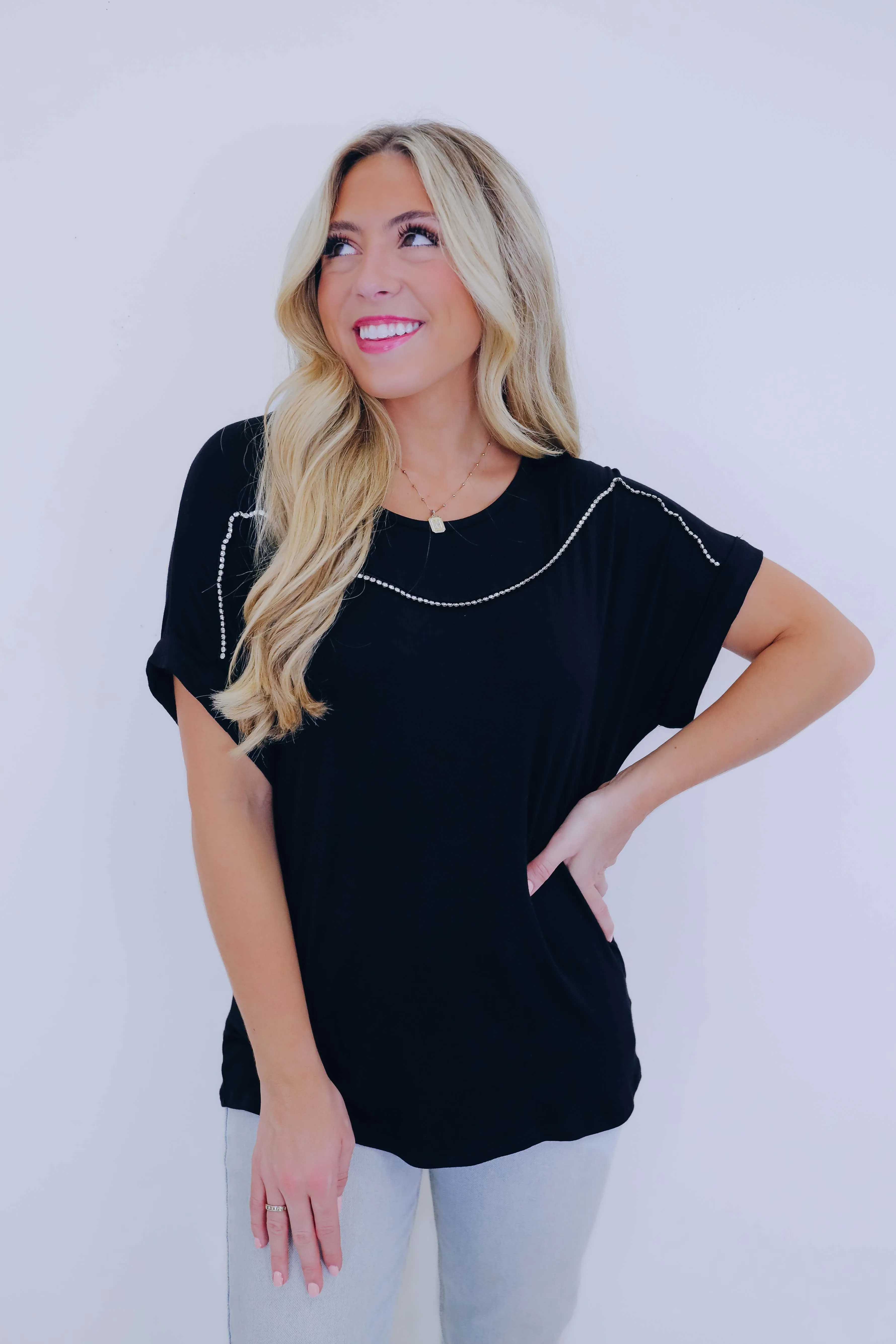 Rosalee Rhinestone Trim Top - 3 Colors