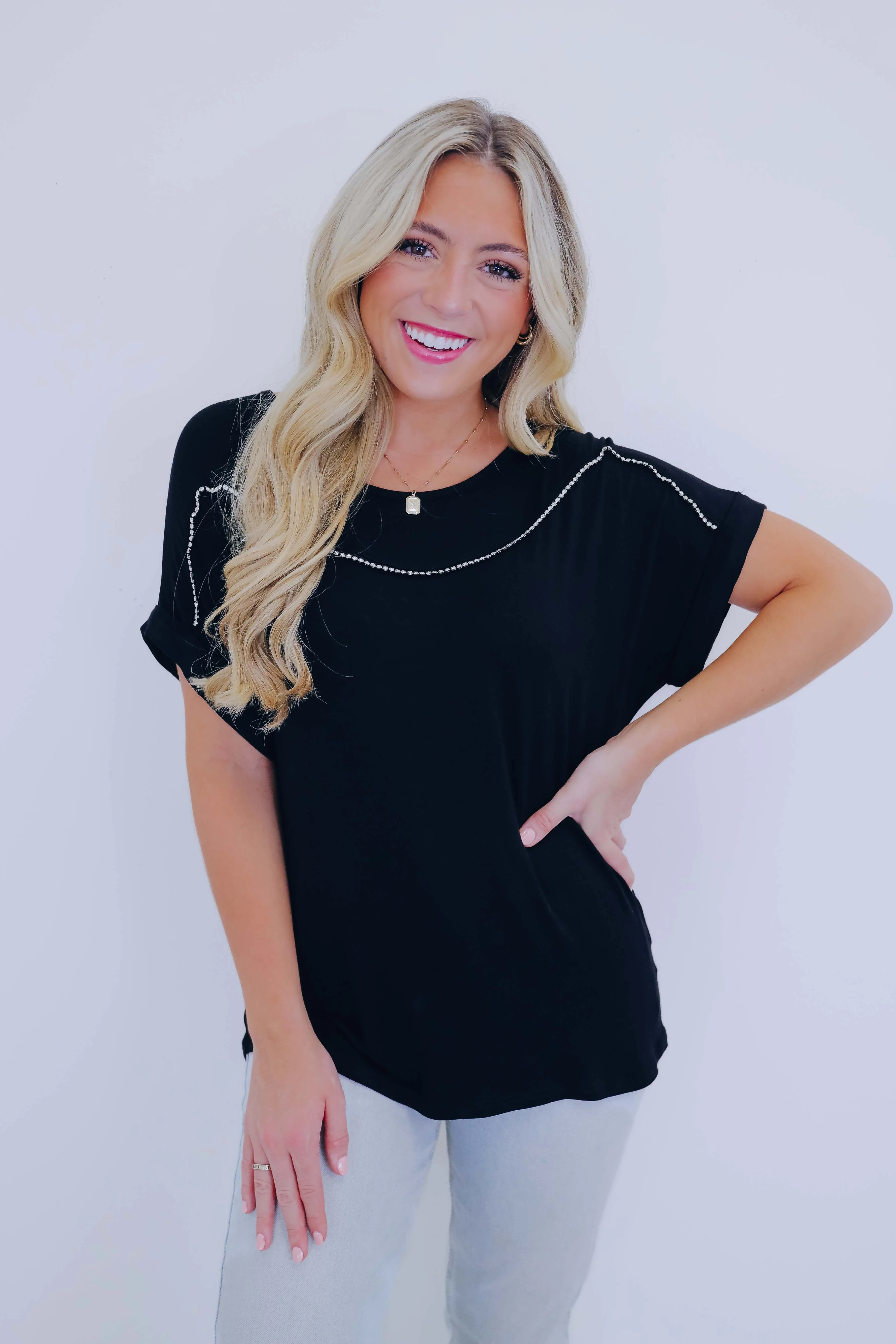 Rosalee Rhinestone Trim Top - 3 Colors