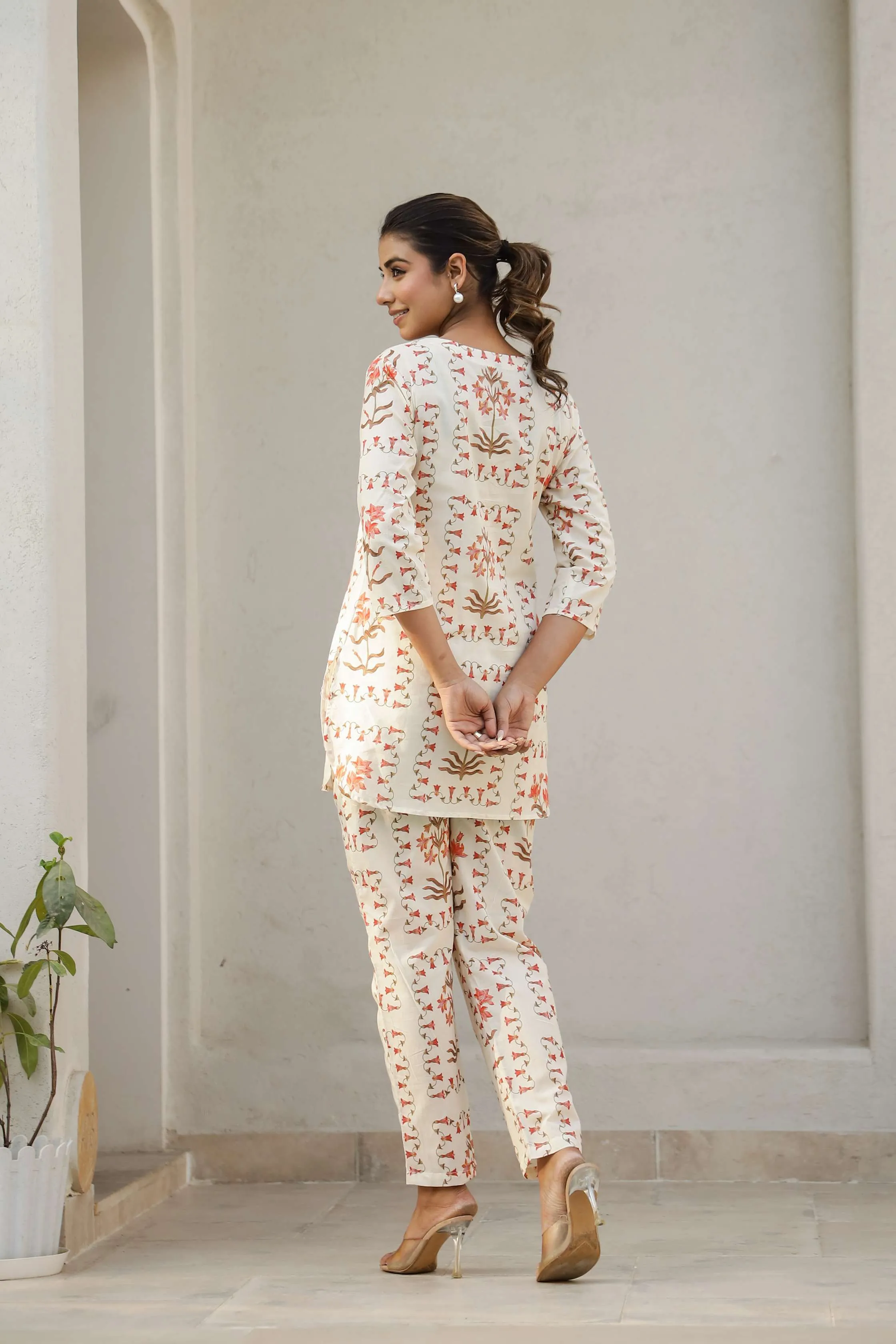 Rust Floral Cream Co-ord Set – Breezy Cotton Loungewear for Women
