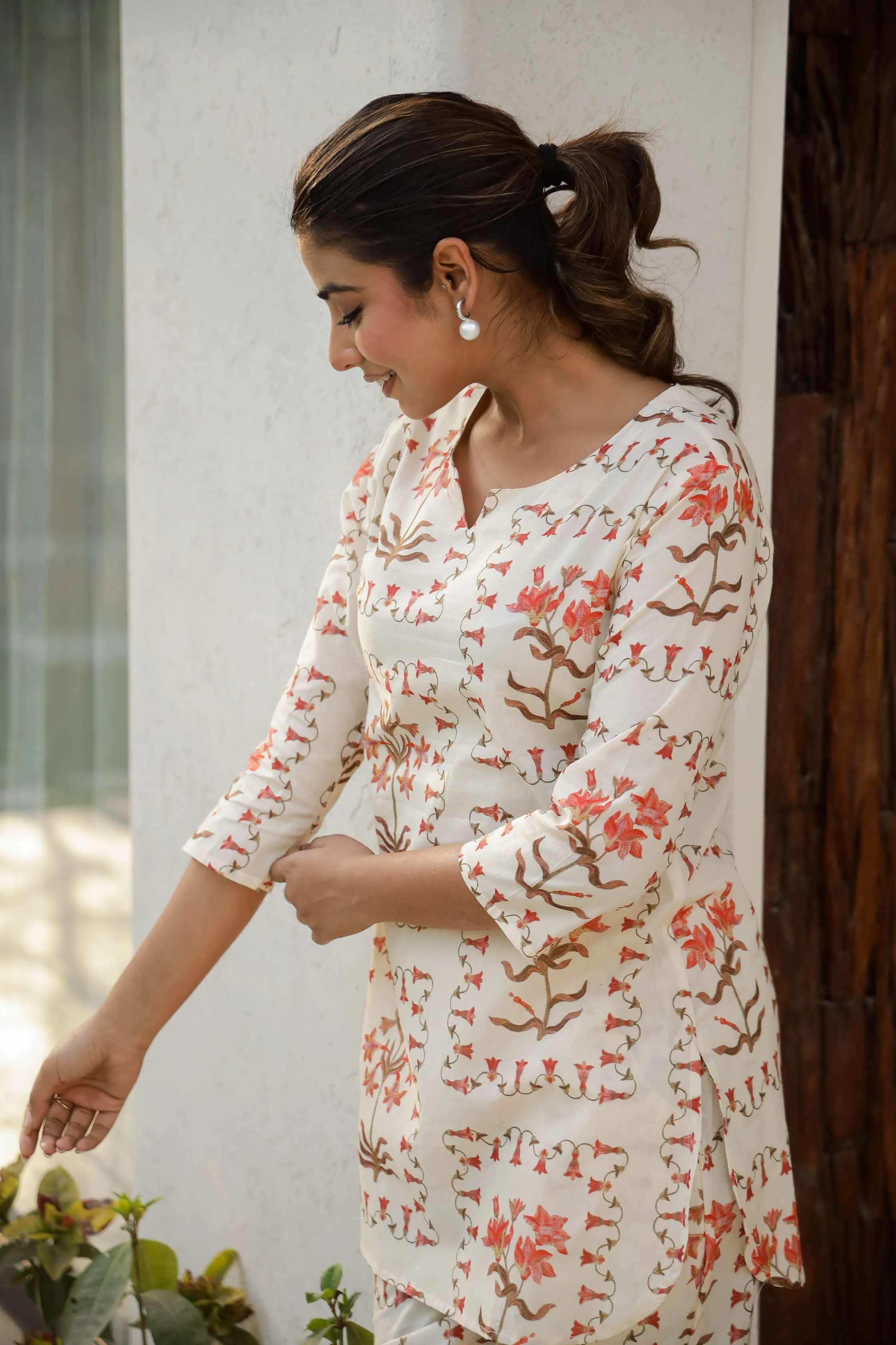 Rust Floral Cream Co-ord Set – Breezy Cotton Loungewear for Women