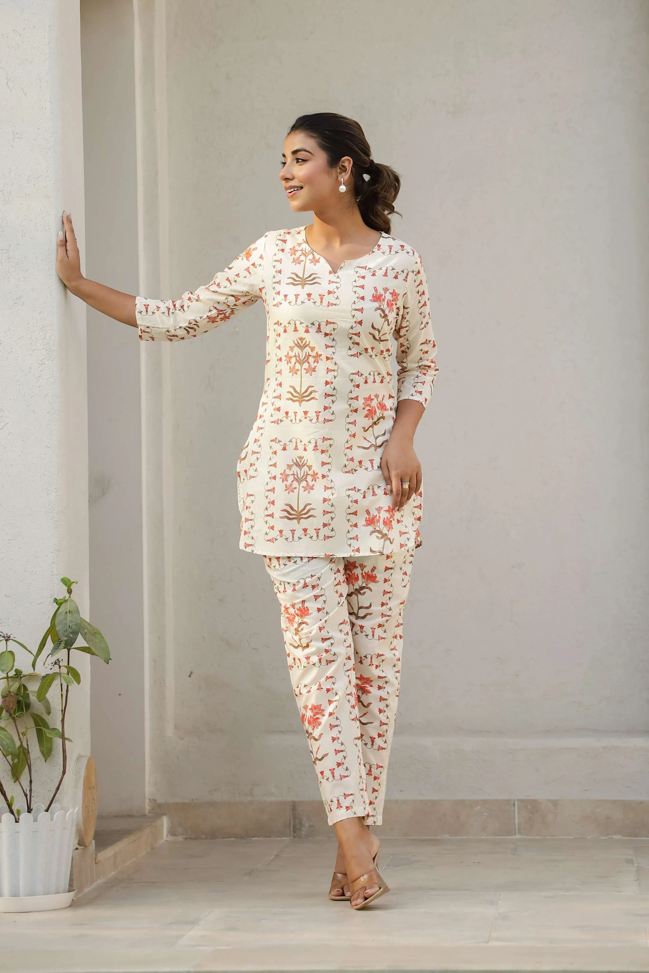 Rust Floral Cream Co-ord Set – Breezy Cotton Loungewear for Women