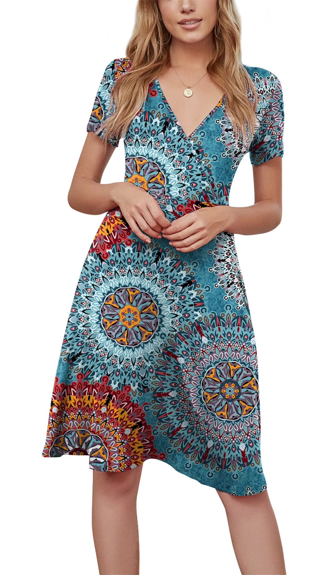 Short Sleeve Flower  V Neck Dress with Pockets