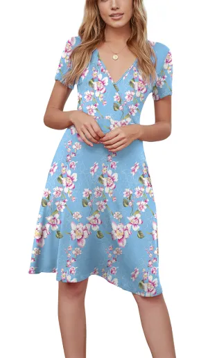 Short Sleeve Flower  V Neck Dress with Pockets