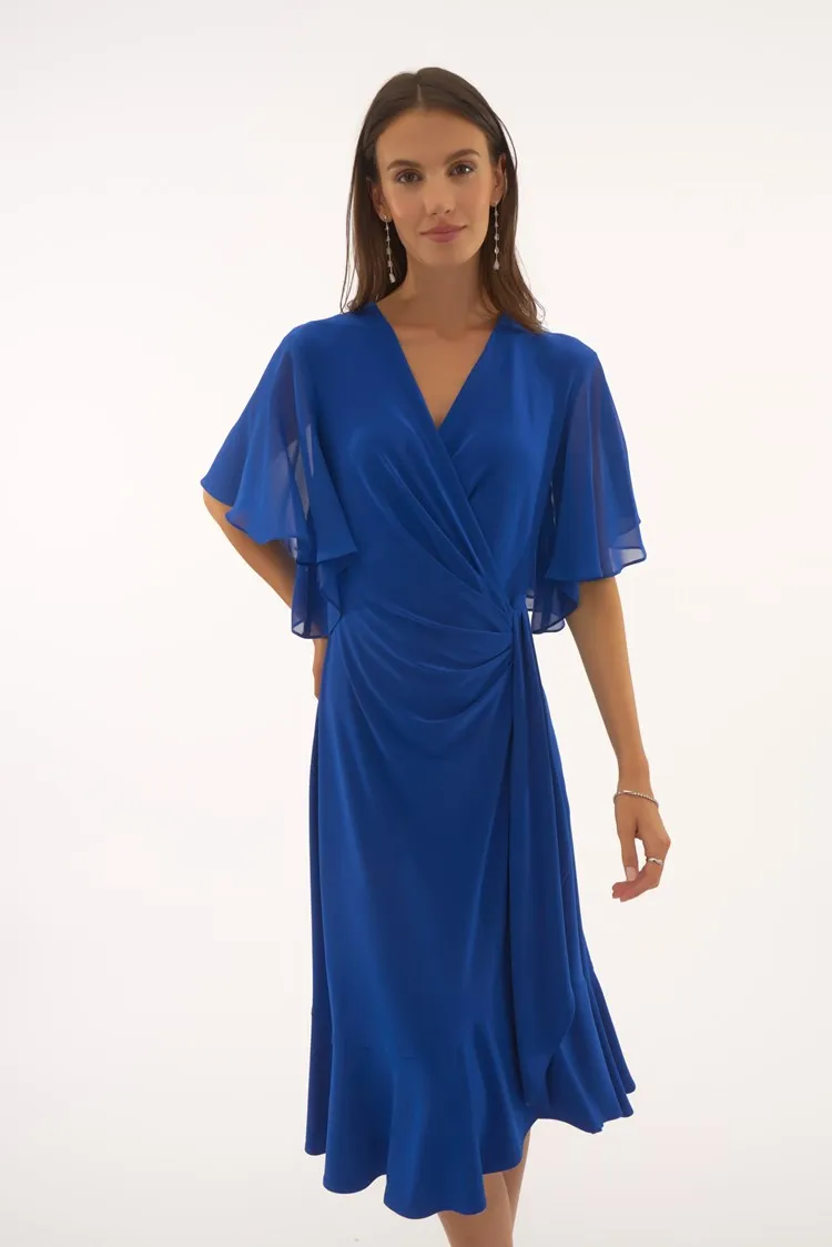 Silky Knit And Chiffon Flowy Wrap Dress in Royal Sapphire 251706