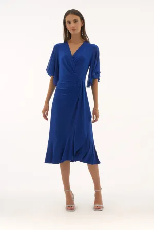 Silky Knit And Chiffon Flowy Wrap Dress in Royal Sapphire 251706