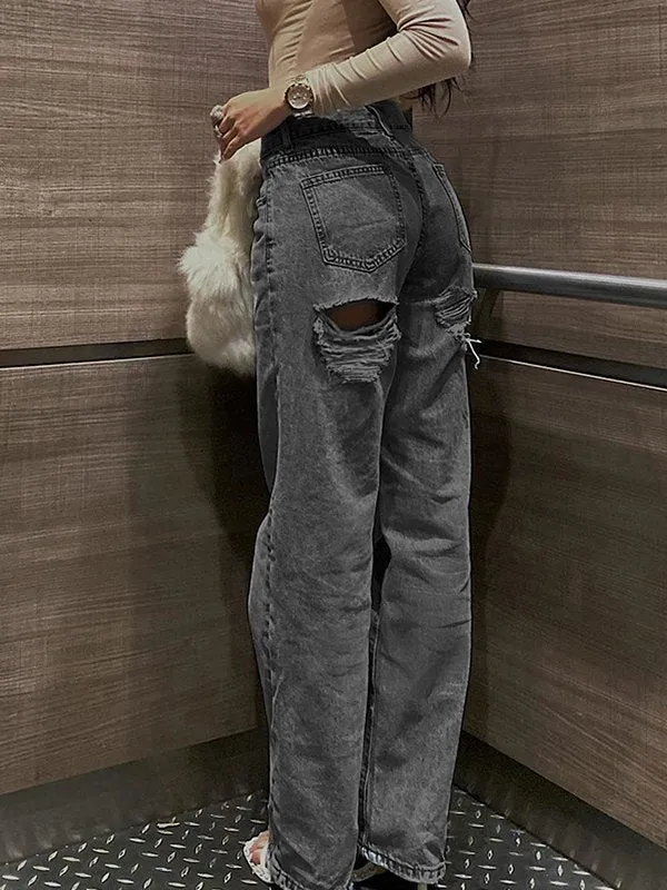 Solid Color Y2k Back Destroyed Baggy Ripped Jeans