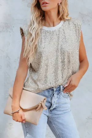 Solid Sequins O Neck Tank Tops