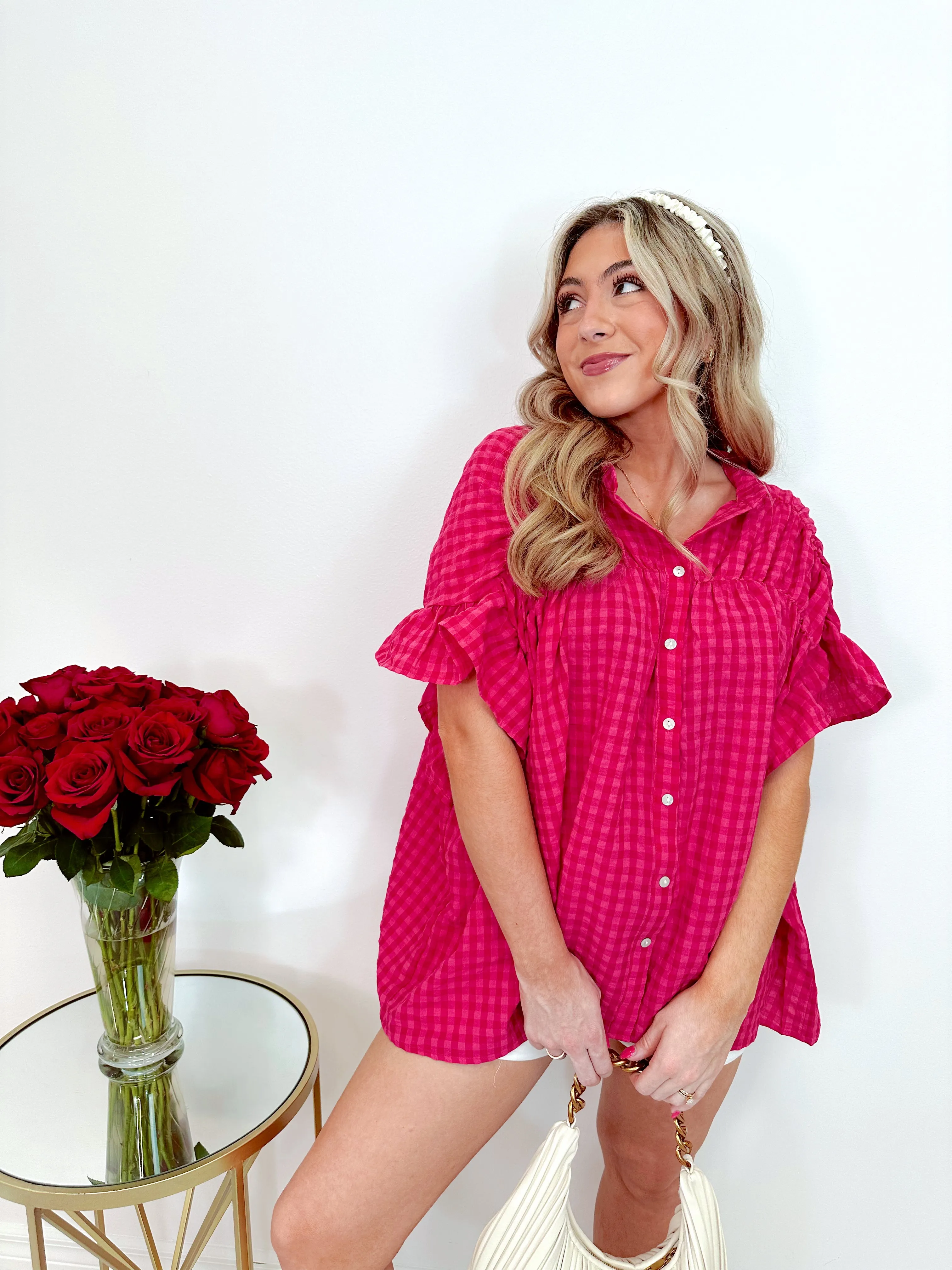 Sonji Shirred Oversized Gingham Blouse