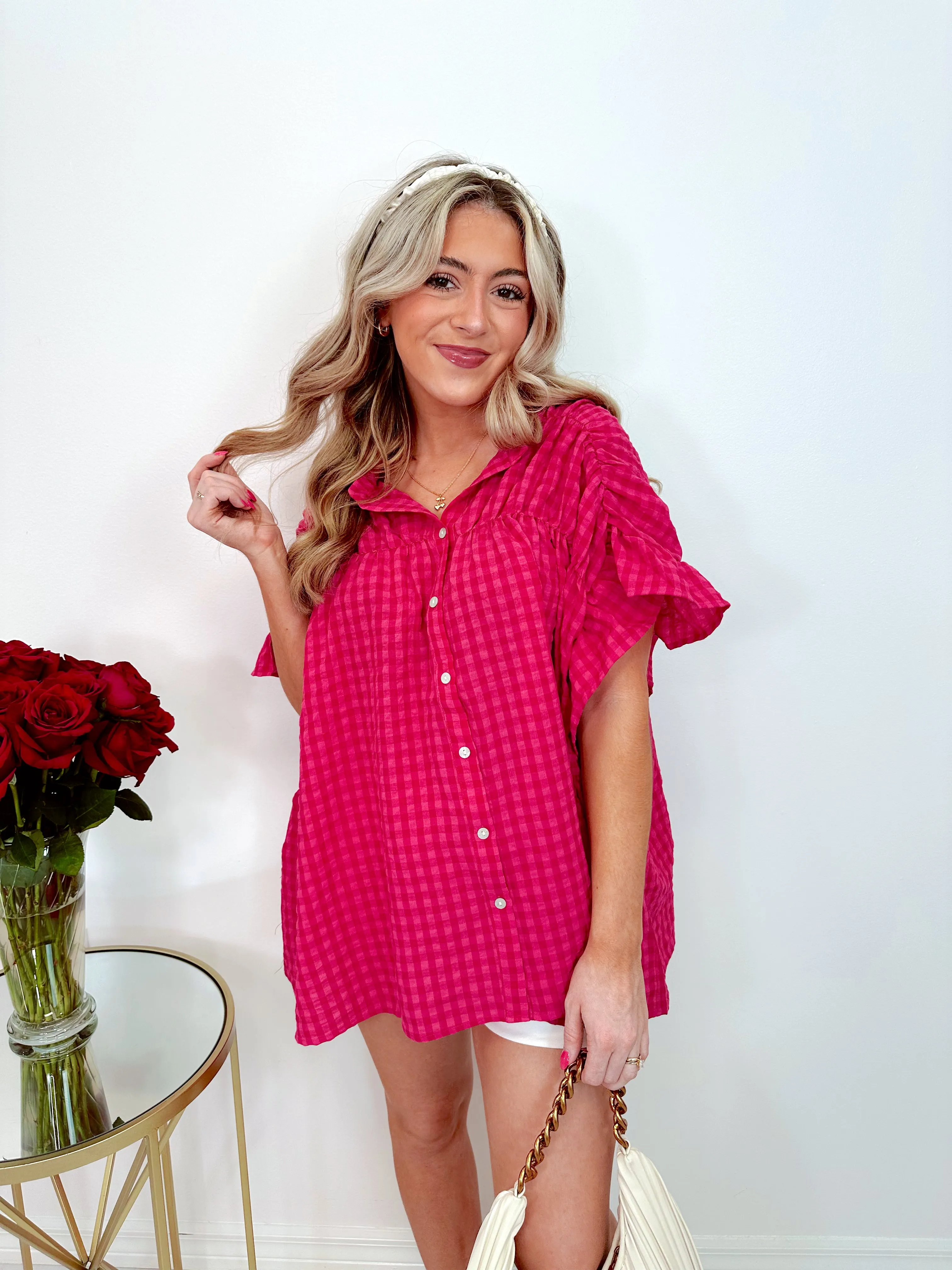 Sonji Shirred Oversized Gingham Blouse