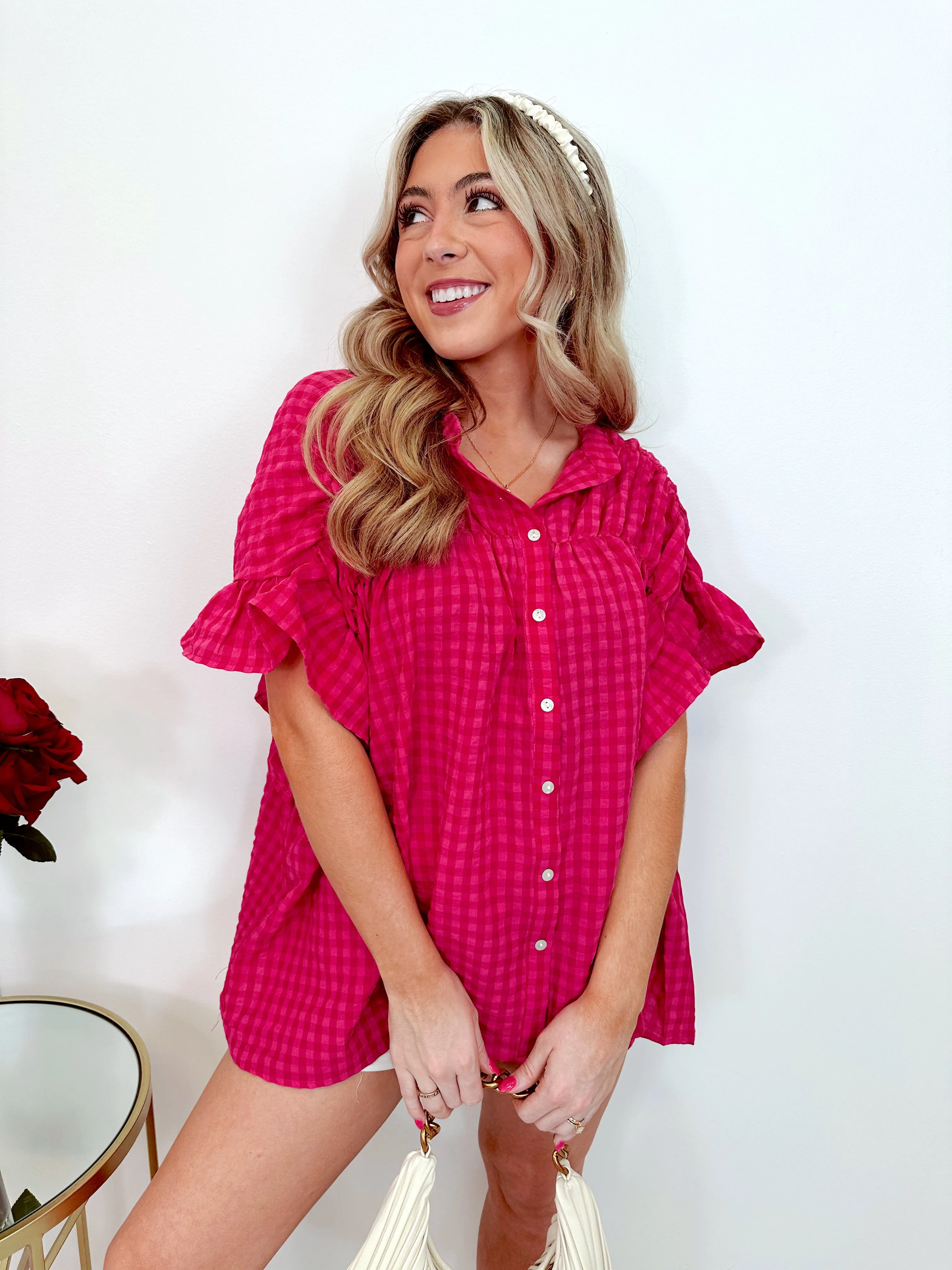 Sonji Shirred Oversized Gingham Blouse