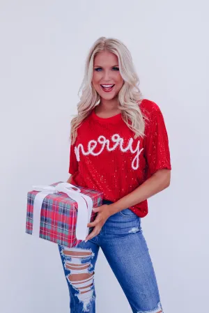 Sparkling Sequin "Merry" Tinsel Top - White