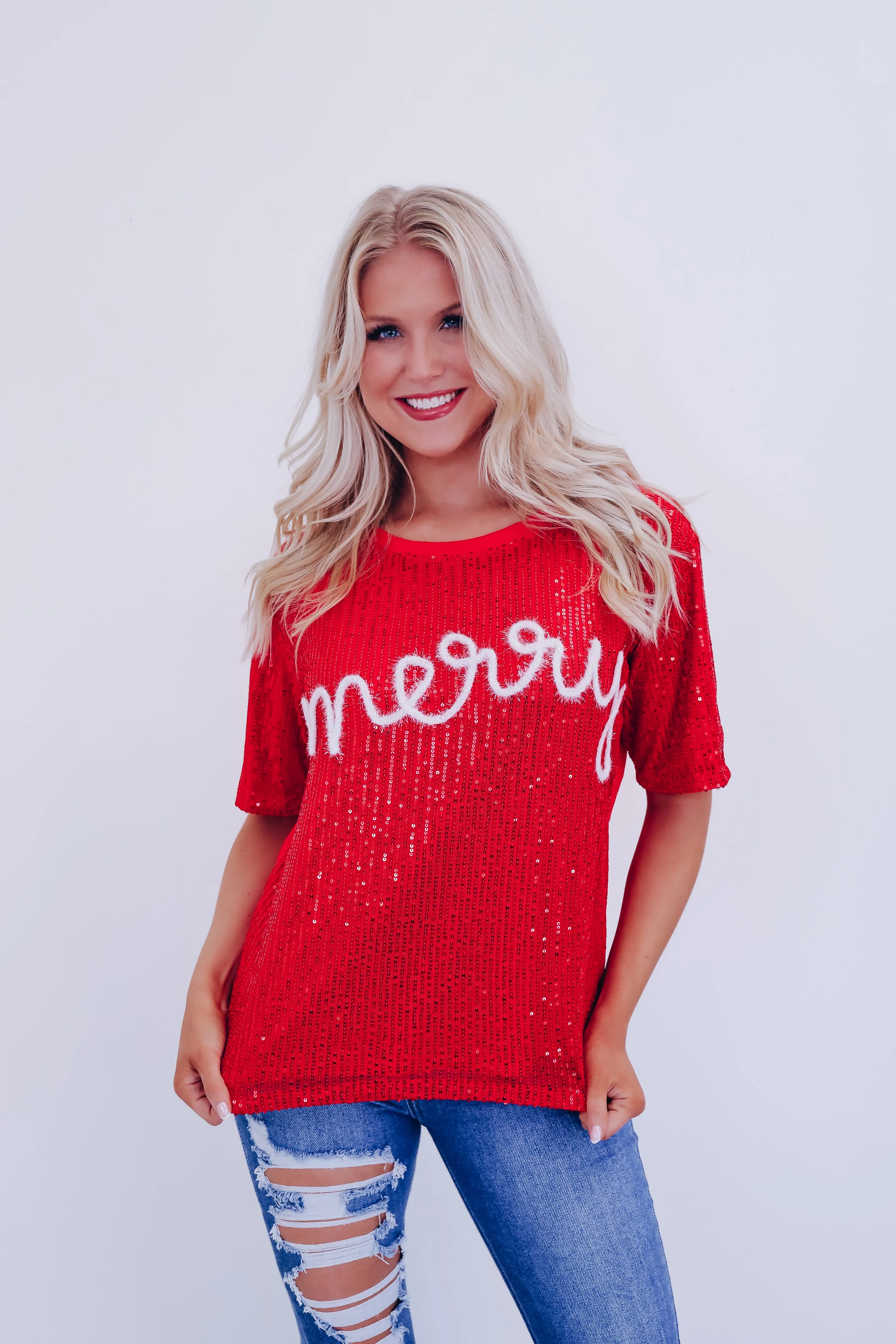 Sparkling Sequin "Merry" Tinsel Top - White
