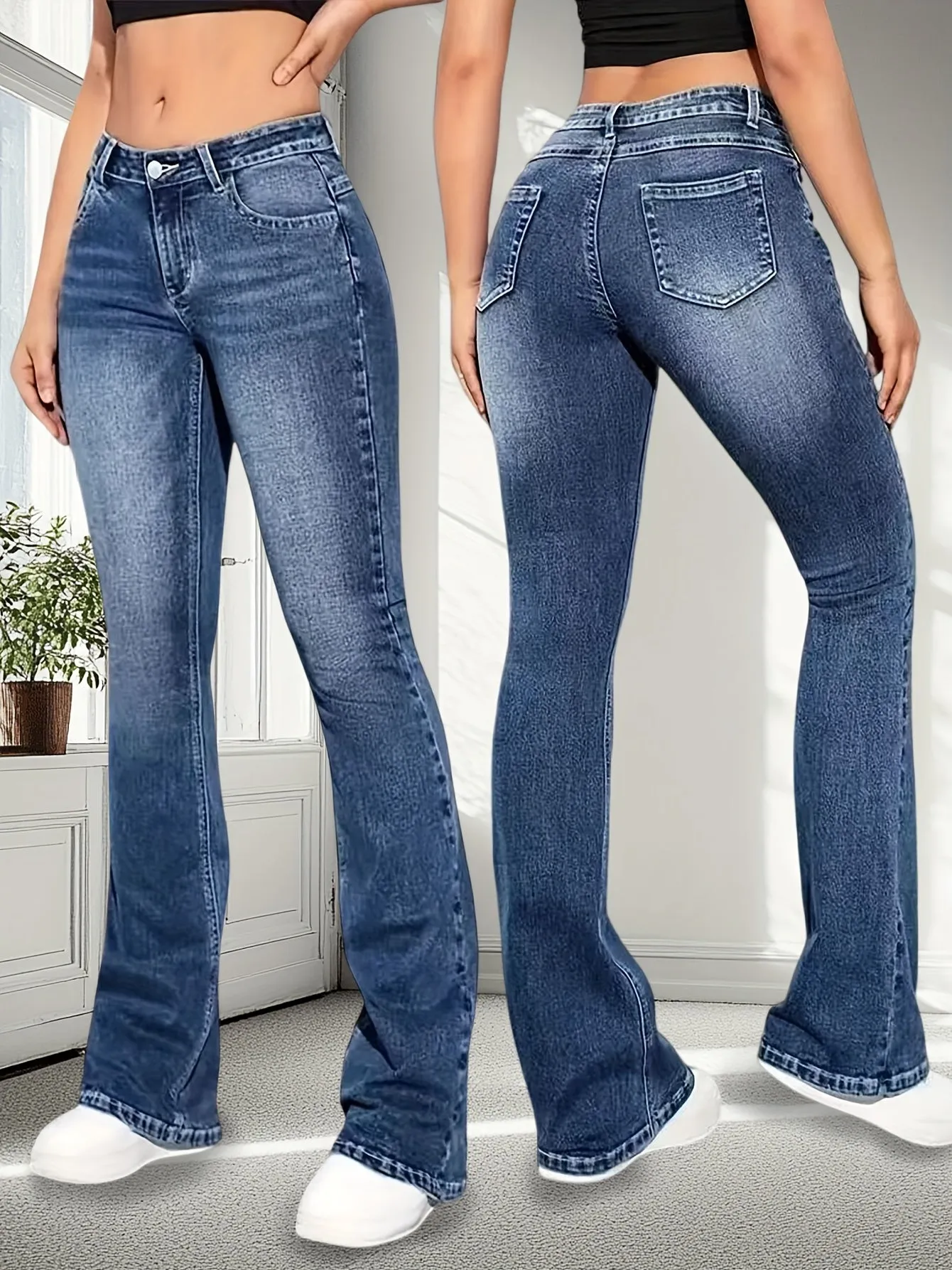 Stretchy High-Waisted Flare Women's Jeans – Casual Solid Color Block Design