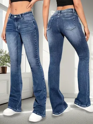 Stretchy High-Waisted Flare Women's Jeans – Casual Solid Color Block Design