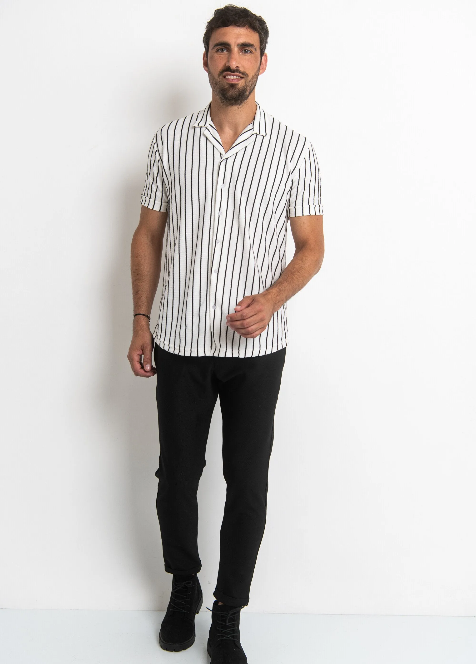 Striped button-up polo shirt style