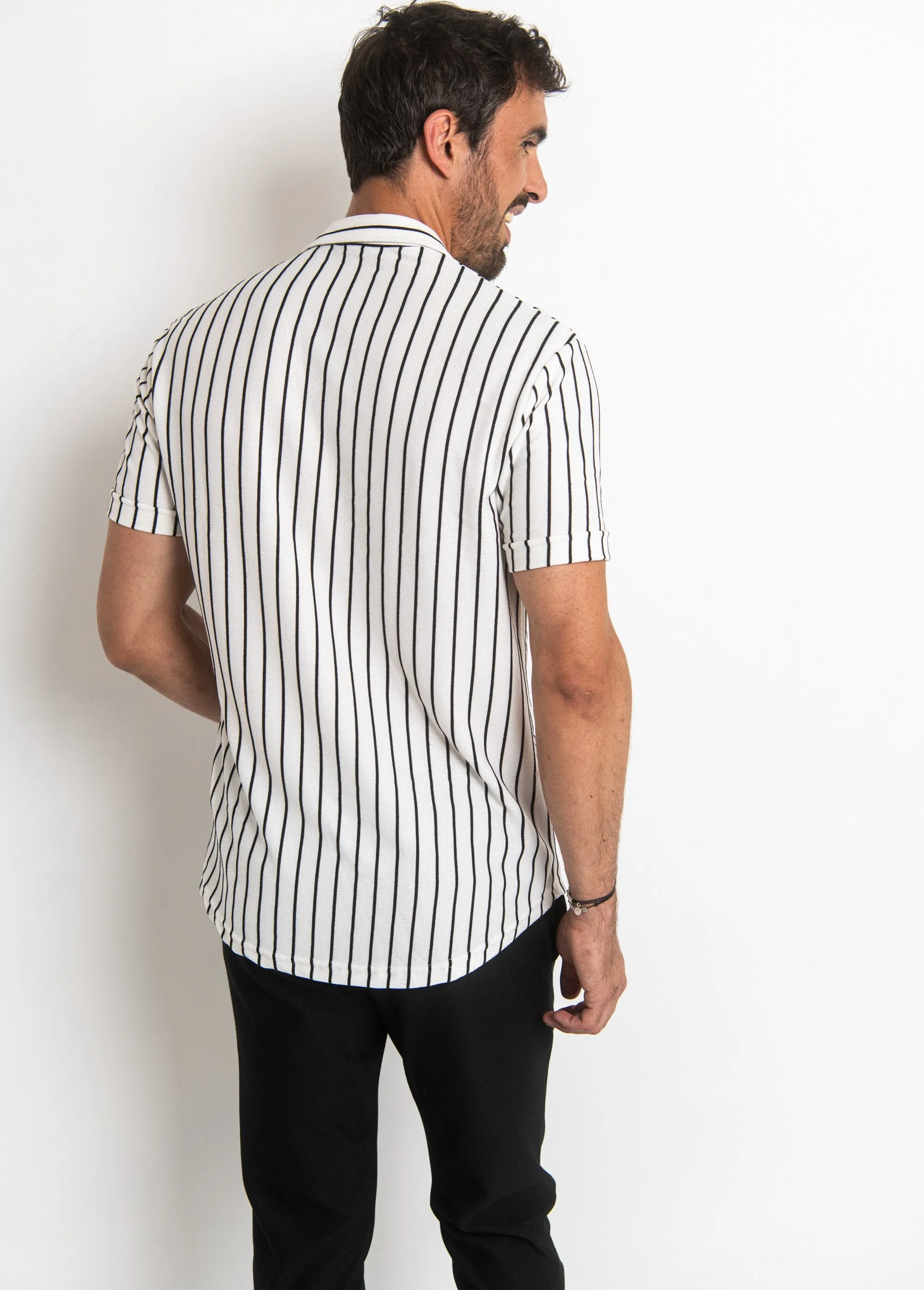 Striped button-up polo shirt style