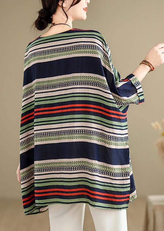 Style Colorblock Oversized Striped Cotton Tops Summer