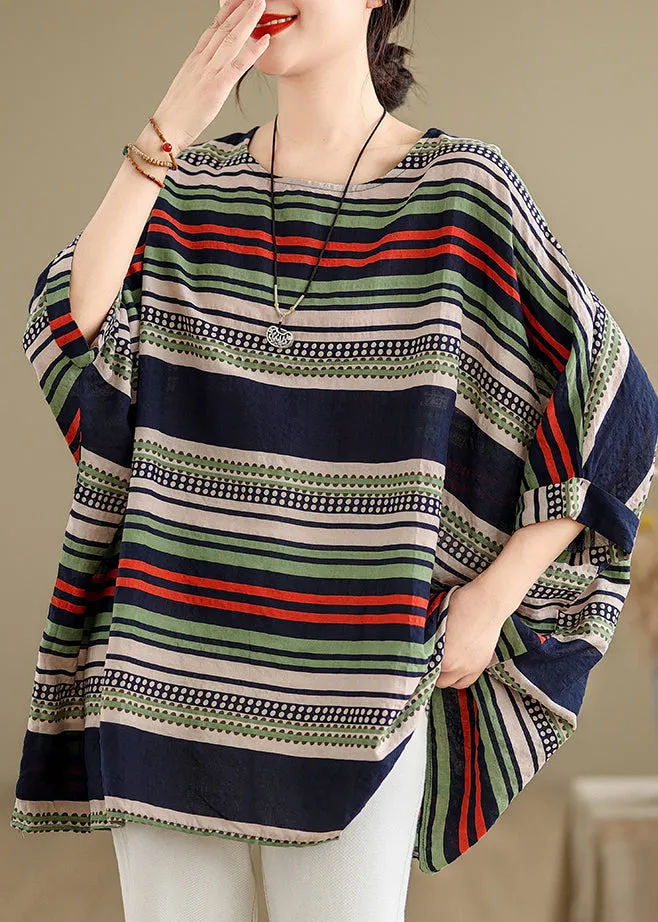 Style Colorblock Oversized Striped Cotton Tops Summer