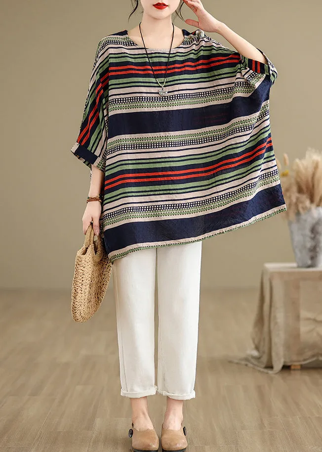 Style Colorblock Oversized Striped Cotton Tops Summer