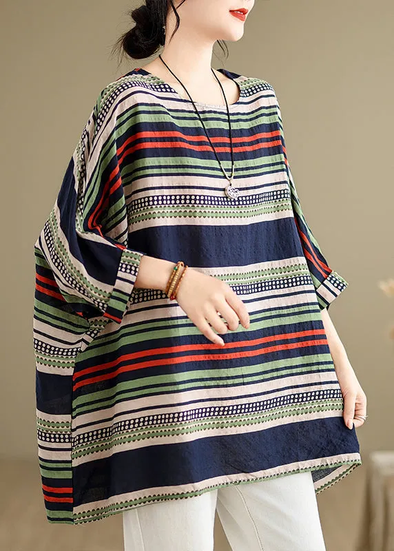 Style Colorblock Oversized Striped Cotton Tops Summer