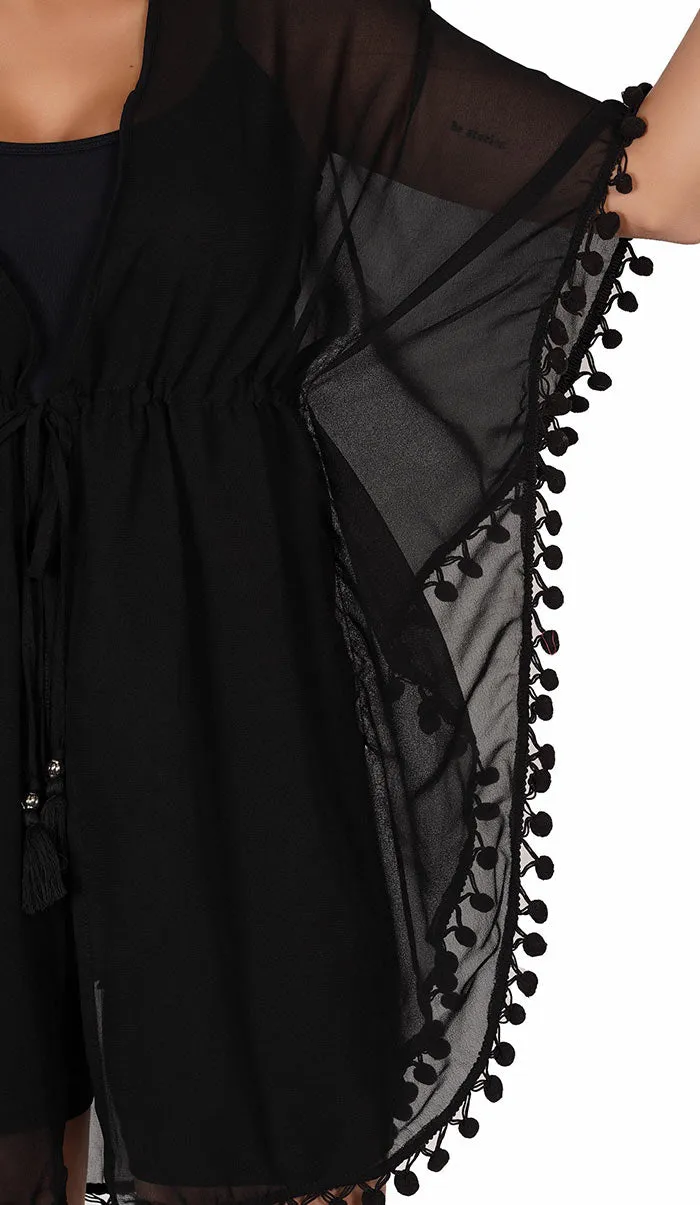 Swimsuit Cover Up Beach Dress | Black Pom Pom Kaftan