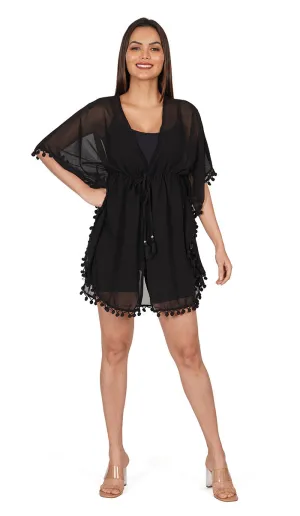 Swimsuit Cover Up Beach Dress | Black Pom Pom Kaftan