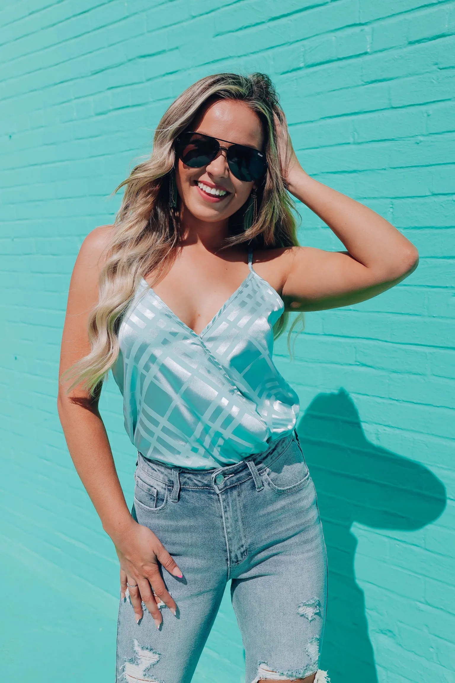 Tamara Printed Surplice Bodysuit - Seafoam