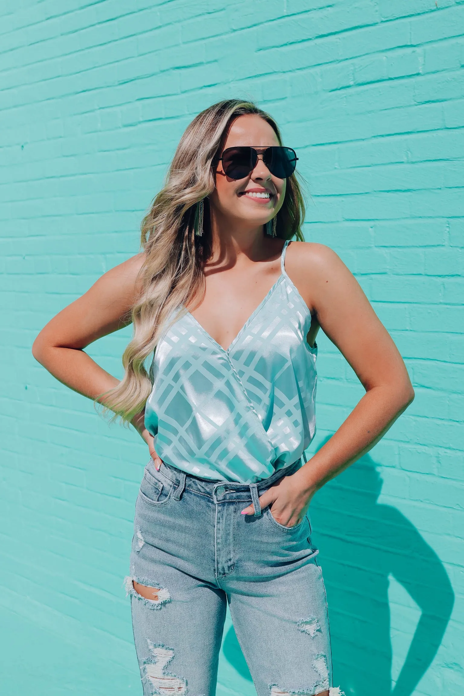 Tamara Printed Surplice Bodysuit - Seafoam