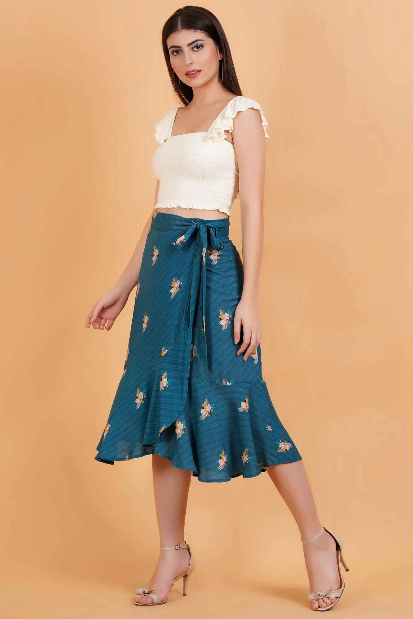 Teal Botanica Printed Ruffle Hem Wrap Skirt
