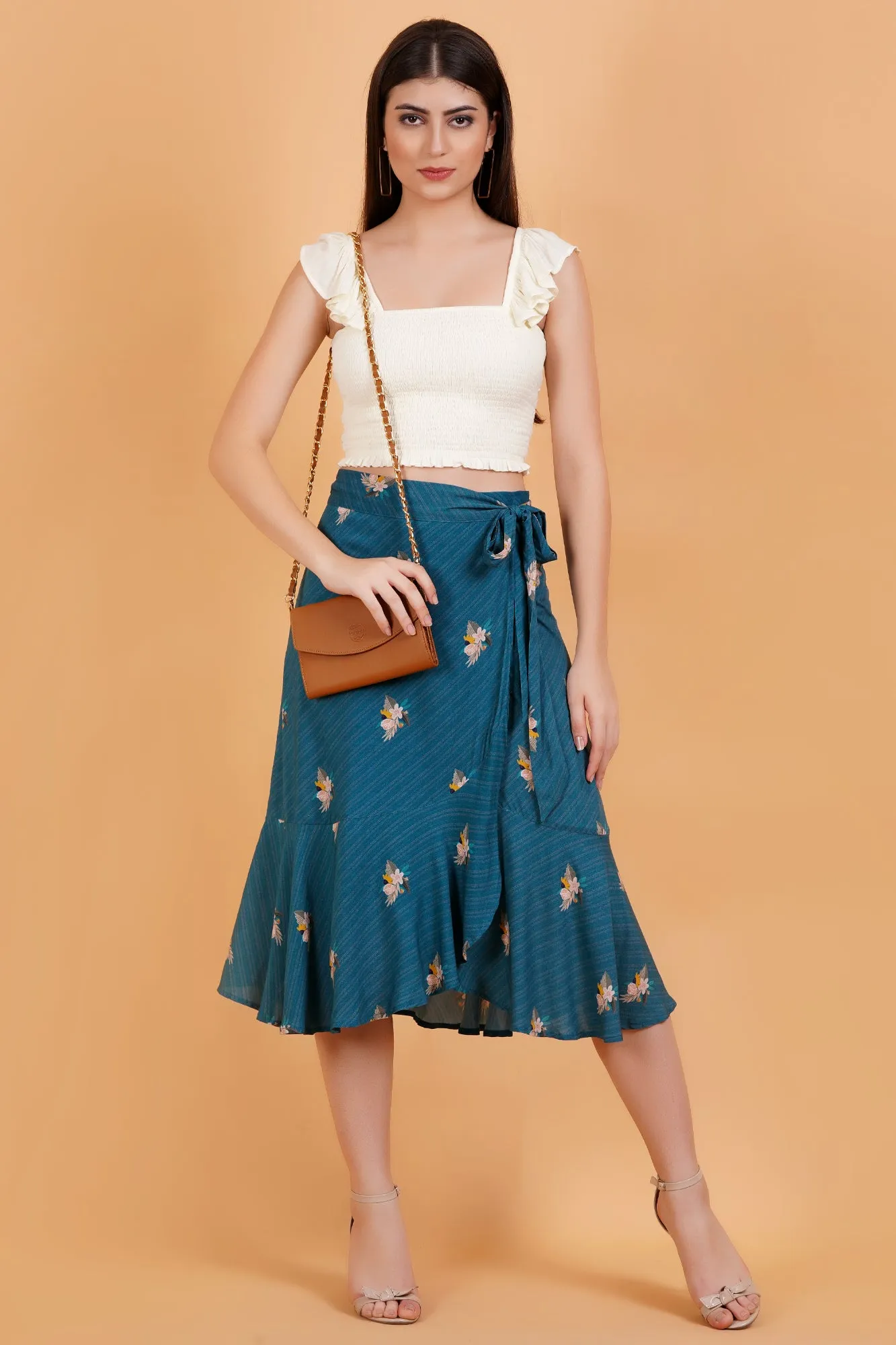 Teal Botanica Printed Ruffle Hem Wrap Skirt