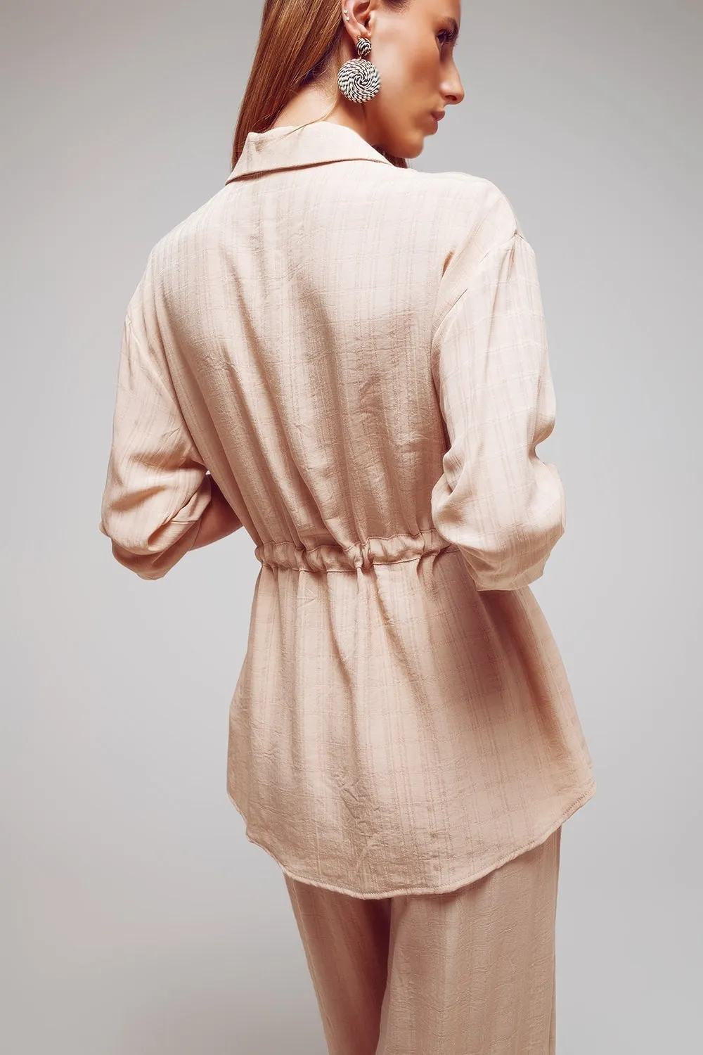 Tie waist long sleeve shirt in beige