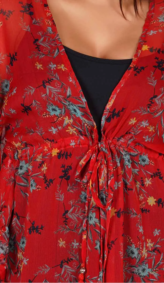 Tomato Red Floral | Kaftan Style Swimsuit Coverup Beach Dress