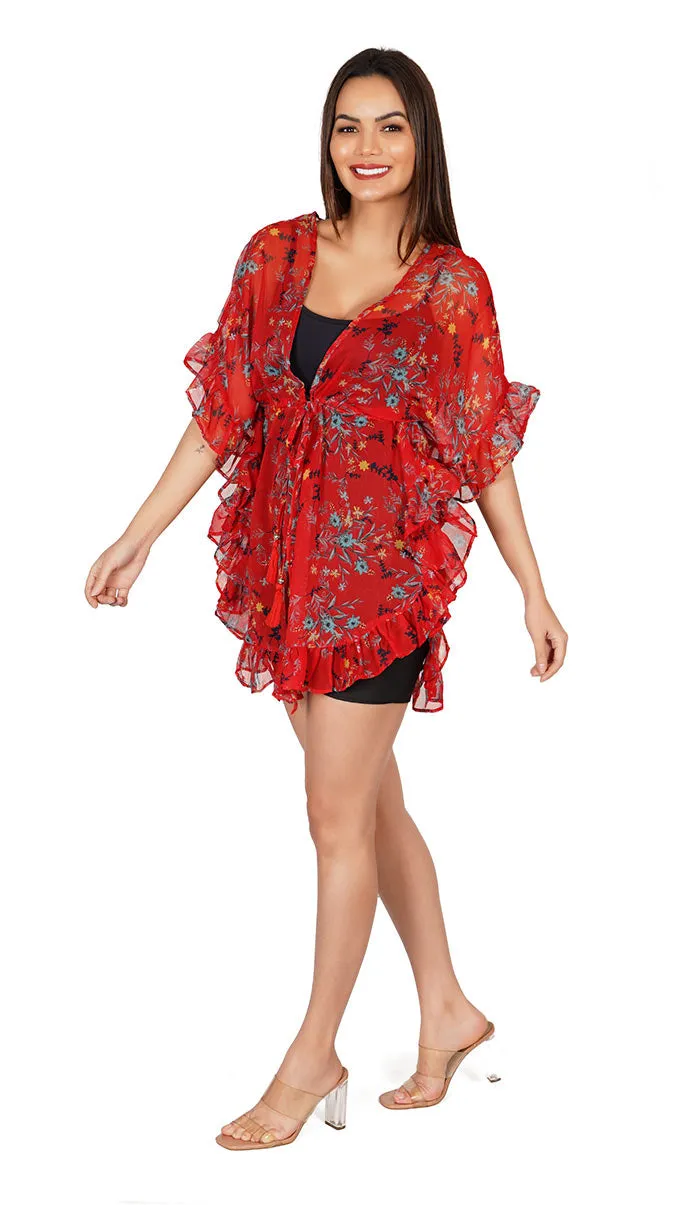 Tomato Red Floral | Kaftan Style Swimsuit Coverup Beach Dress