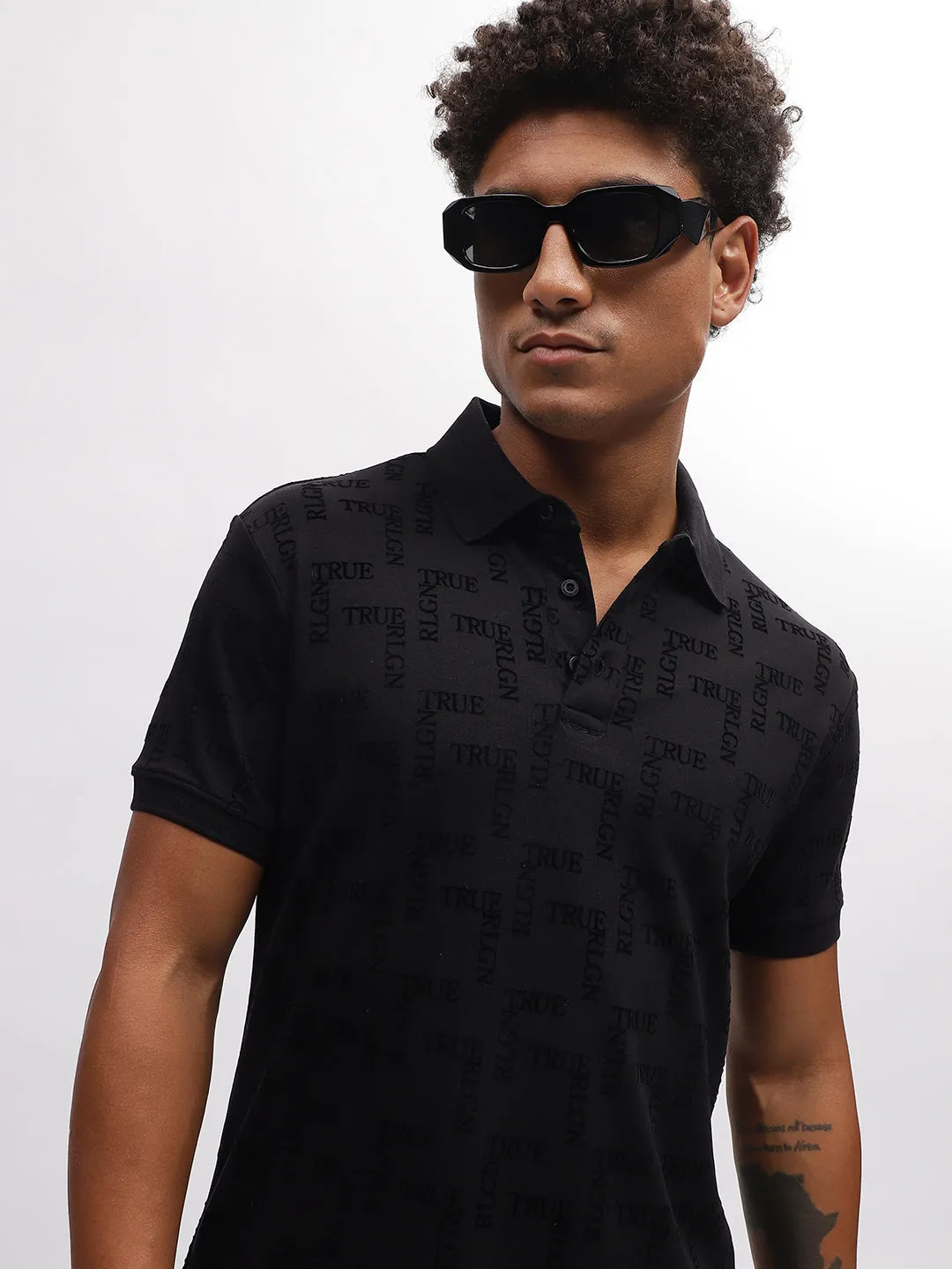 True Religion Men Black Printed Polo Collar Short Sleeves T-Shirt