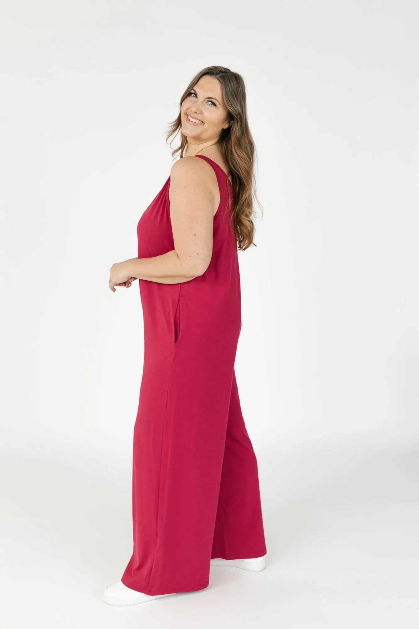Tuesday Wide Leg Romper in Berry