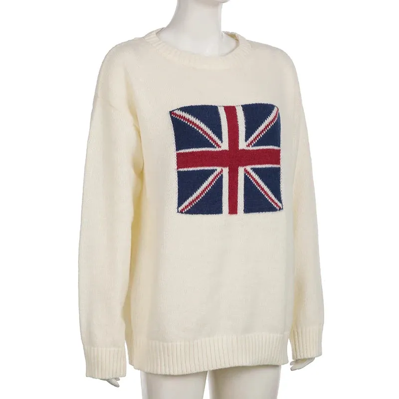 UK Flag Knitted Sweater for Women – Loose Fit Long Sleeve, O-Neck Casual Pullover, Autumn Warm Outerwear