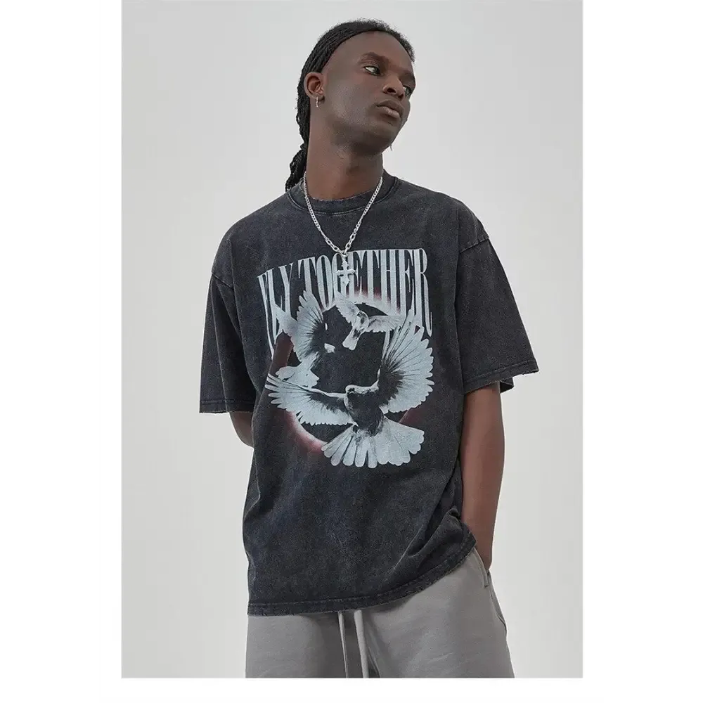 Unisex Flying Birds Digital Print Tee in Grunge Aesthetic