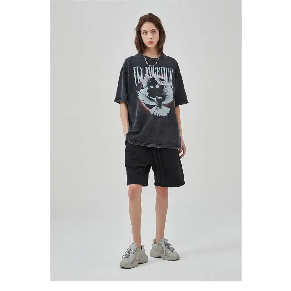 Unisex Flying Birds Digital Print Tee in Grunge Aesthetic