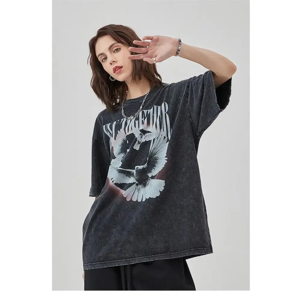 Unisex Flying Birds Digital Print Tee in Grunge Aesthetic