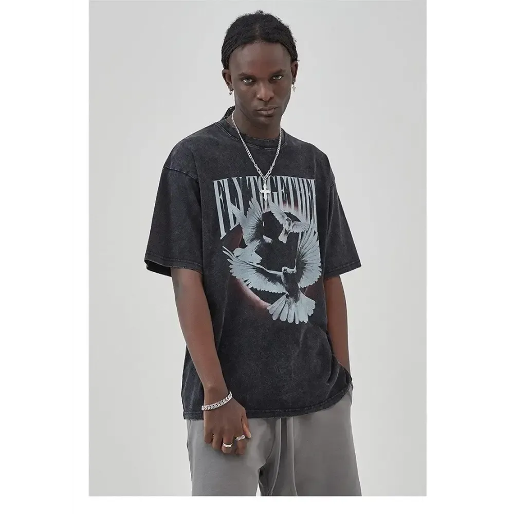 Unisex Flying Birds Digital Print Tee in Grunge Aesthetic