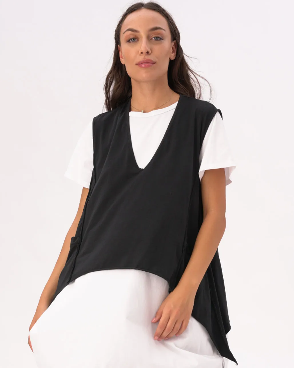 V-Neck Asysemtrical Cotton Pocket Shirt